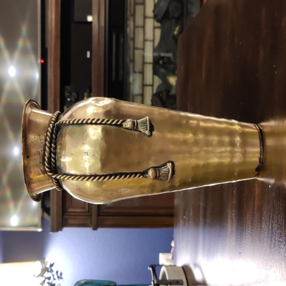 Vintage 9.25″ Hammered Solid Brass Vase with Bow & Tassel Detail